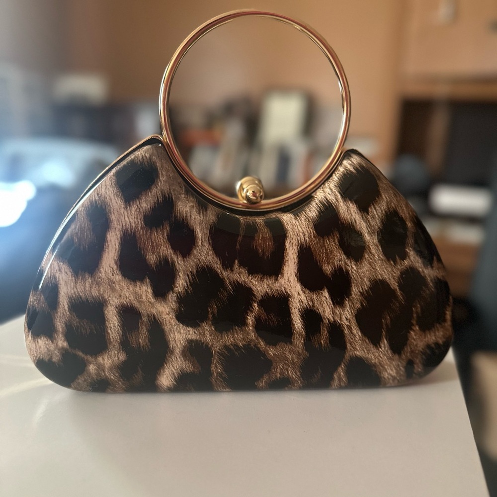Leopard Print Clutch with Gold Ring Handle